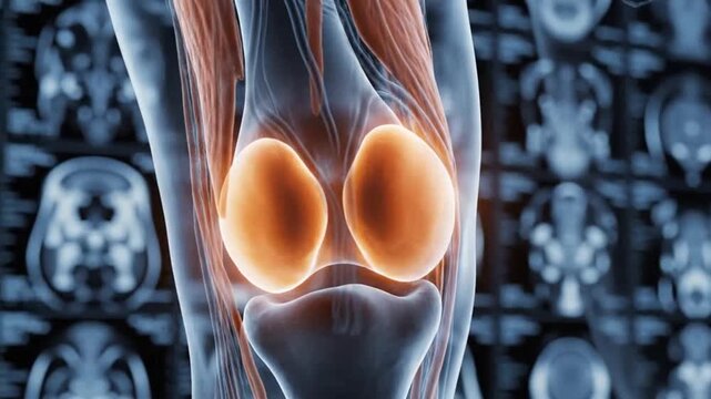Anatomical illustration of a knee joint representing modern medicine and scientific discovery