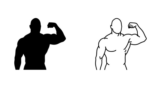 Muscle man, flexed arm, bodybuilder silhouettes, fitness icons