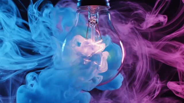 Light bulb with glowing filament and colored smoke emphasizing modern  aesthetics and minimalist design