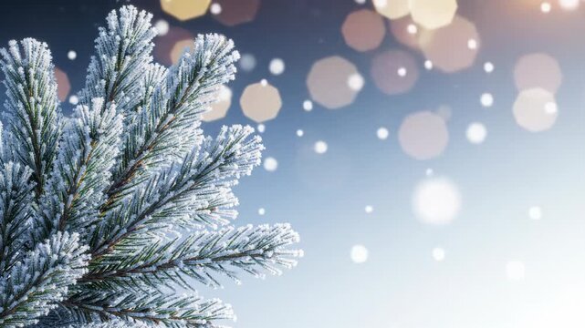 Pristine evergreen branches with intricate white hoarfrost on left; soft, blurred golden bokeh over blue gradient, drifting snow, subtle push-in. Concept of winter serenity and elegance
