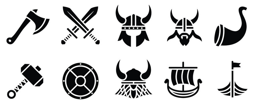 Medieval warrior icon set viking armor collection, Norse warrior defense gear symbols, iron helmet armor and shield emblems, ancient fighting culture themed vector icon design pack isolated.