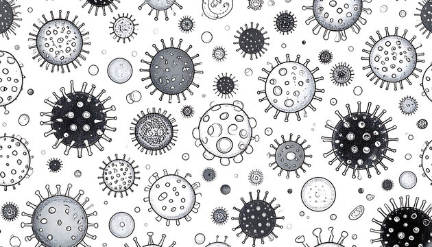 abstract pattern of viruses and bacteria in black and white, medical research and science concepts, microscopic view