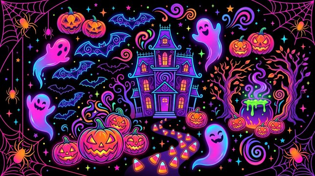 Haunted house with floating ghosts pumpkins and bats. Halloween spooky scene featuring cauldron candy corn path and cobwebs. Festive autumn night illustration in vibrant neon style