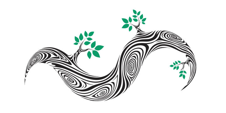 Stylized s-shaped tree trunk with wooden ring texture pattern and small green leaves illustration stylized illustration abstract branches isolated ornament decorative background
