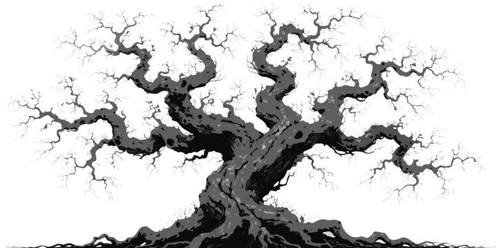 Ancient leafless oak tree illustration with gnarled twisted branches isolated on white background branches leafless silhouette isolated illustration landscape monochrome wilderness