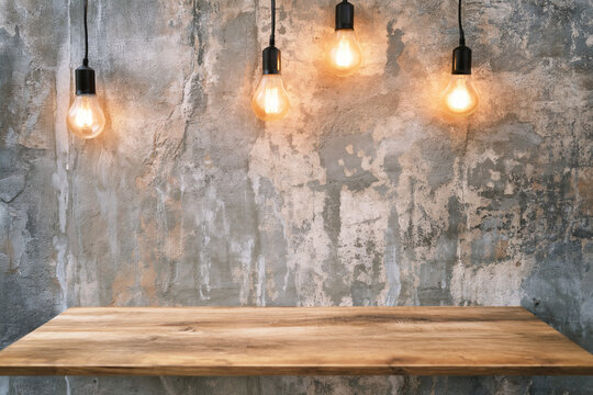 Wooden table with four light bulbs hanging from a gray concrete wall background
