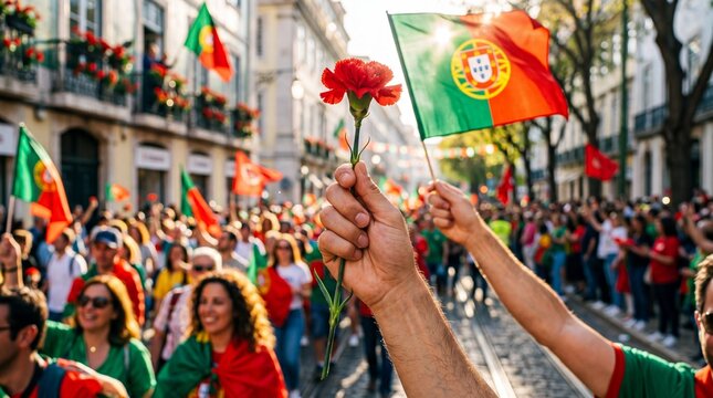 Mans hand holding red carnation flower among waving Portuguese flags. Joyful crowd celebrating revolution anniversary in sunny city street. Symbol of freedom and national unity in Portugal