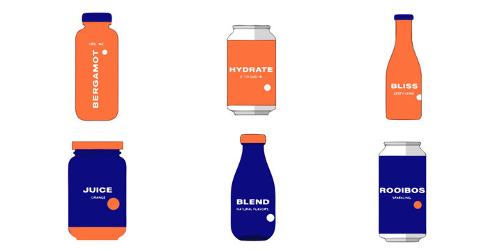 Set of various beverage bottles and aluminum cans with labels beverage sparkling hydration illustration collection minimalist beverages refreshment packaging commercial isolated