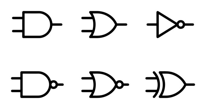 simple black and white vector icons of various electronic components including AND gates OR gates inverters and diodes