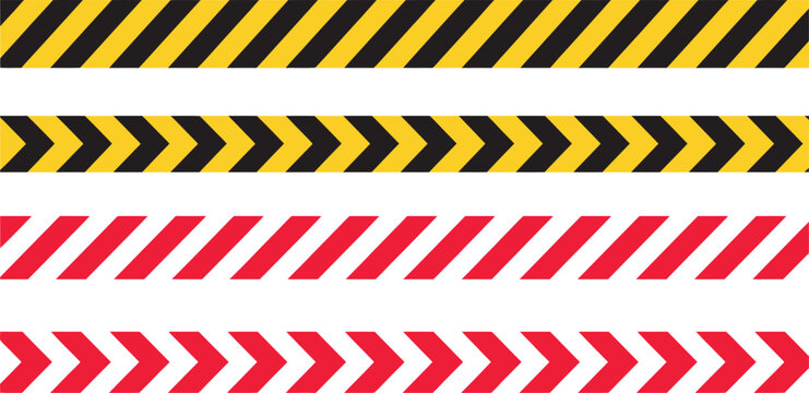 Barricade tape seamless pattern set, yellow and black warning stripe design, construction safety hazard marking, restricted zone and danger alert tape graphics, industrial safety and caution vector