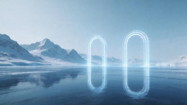 Snowy mountain landscape with glowing arches