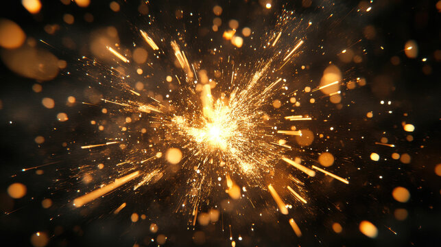 Golden sparks exploding in dark background with bokeh effect