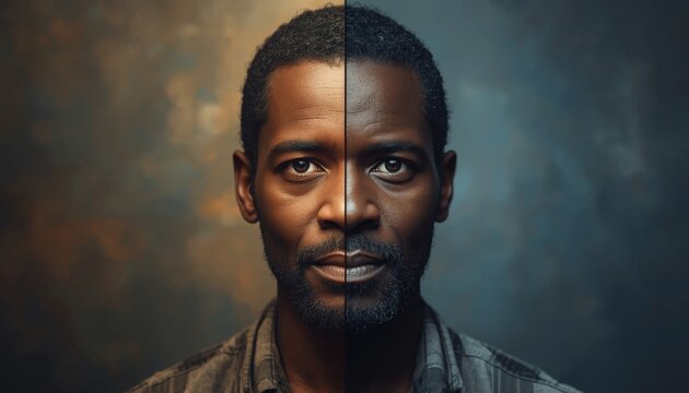 There is a man with a beard standing in front of a blue background