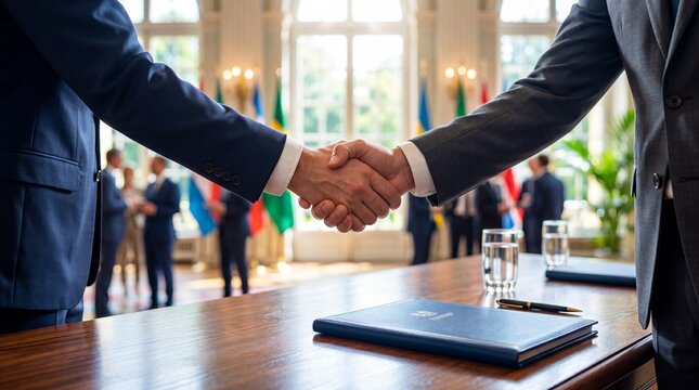 Two men shaking hands across wooden conference table in elegant room with international flags. Business agreement and diplomatic partnership concept for global negotiations and corporate deals