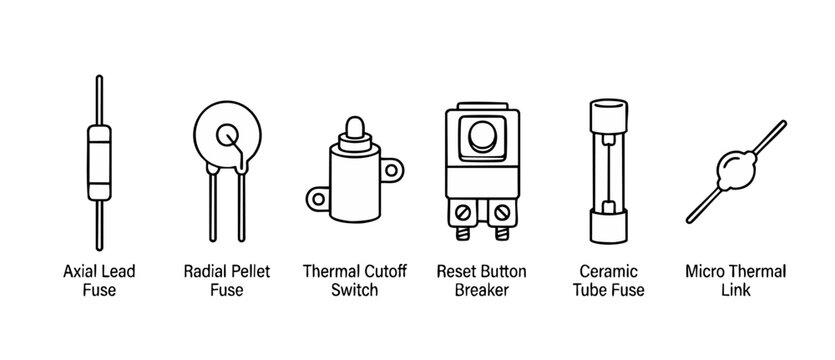 Electronic Thermal Fuses and Circuit Breakers Icon Set for Electrical Safety Design Engineering Components Technical Line Art Schematics for Protection Devices and Circuitry Hardware Black Line Icons
