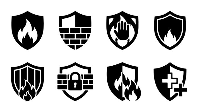 vector security shield and lock symbols with fire elements on white background