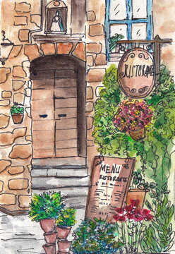 Illustrazione ad acquerello di un ristorante italiano rustico con ingresso fiorito