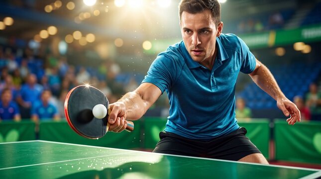 Man hitting ping pong ball during intense table tennis match. Professional player in action on green table. Indoor sports competition and athletic performance concept