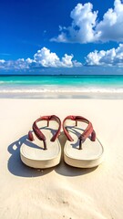 Naklejka premium Red flip flops on sandy beach.