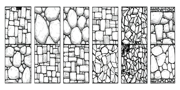 Set of stone wall textures and rock patterns in black and white line art style