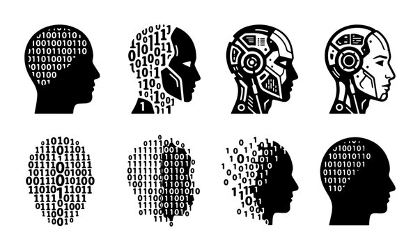 vector set of six black and white human heads in silhouette form each featuring a different pattern of binary digits