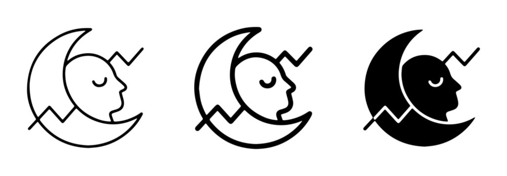 vector icons of sleeping faces in crescent moons with zigzag lines representing sleep patterns or brain waves