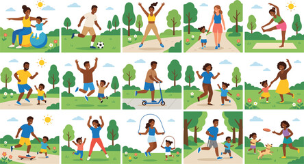 Fototapeta premium Families and Individuals Engaging in Outdoor Fitness, Sports, Yoga, Running, and Play Activities in Park and Nature Settings for Healthy Lifestyle, Recreation, and Active Life Illustrations.