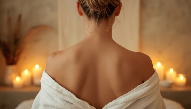 There is a woman wrapped in a towel sitting on a bed with candles in the background