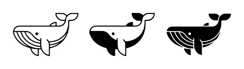 set of three whale silhouettes in black and white outline style © Abu