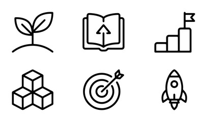 vector set of business and progress symbols including plant seedling book with arrow pointing up target with arrow hit © Roksana
