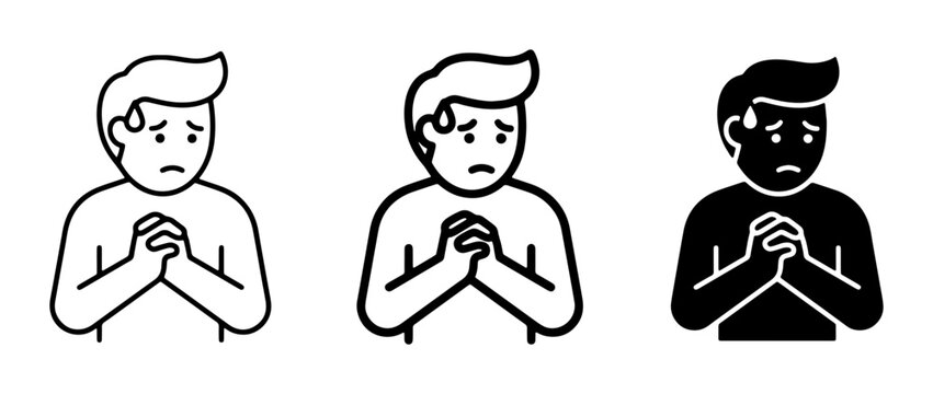 vector set of three men in prayer position with different facial expressions and one being black