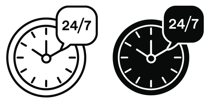 24/7 customer service clock icon set, round-the-clock support and time management symbols, continuous assistance and help center availability concept vector