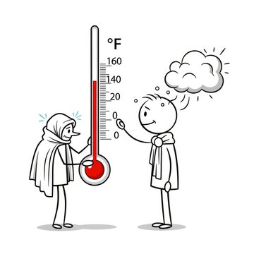Cartoon people checking temperature outdoors.