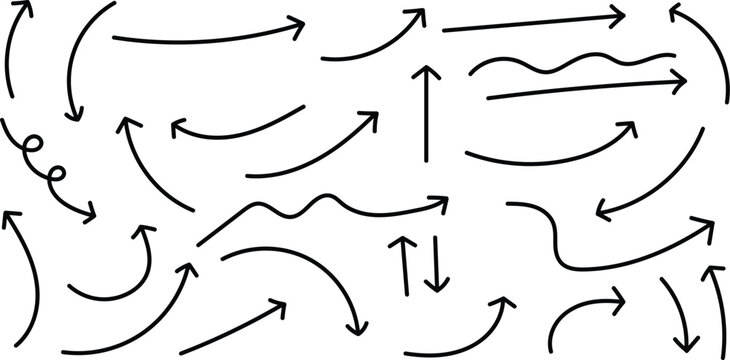 Collection of hand drawn black arrows directional indicators and flow symbols