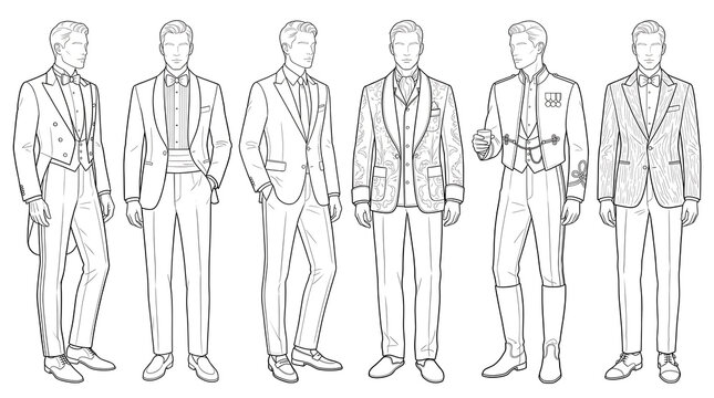 Six Elegant Male Models in Red Carpet Evening Wear &ndash; Tails, Shawl Lapels and Monochrome Line Art