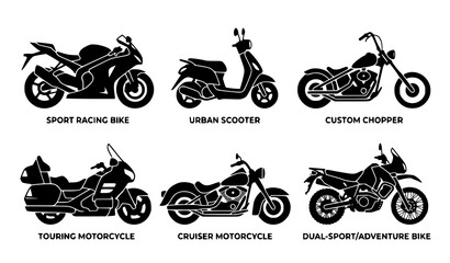 Motorcycle silhouette set sport bike scooter chopper side view vector illustration isolated on white background © MdRabbi