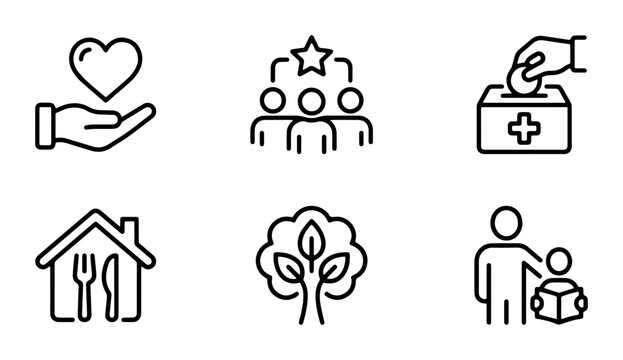 charity volunteerism healthcare home dining environment family care vector icons set