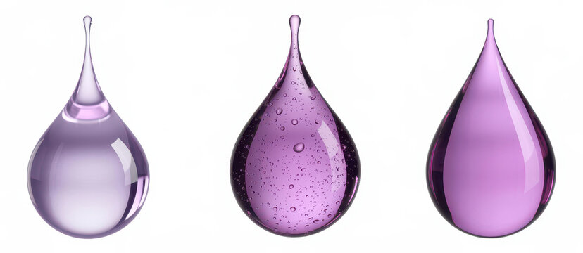 Three glossy purple liquid drops with different textures isolated on a white background
