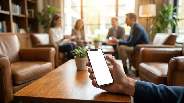 Phone Mockup with White Screen in in Warm Lounge, business scene, commercial stock appeal, clean workplace context, balanced composition, natural body language, realistic lighting, crisp focus,