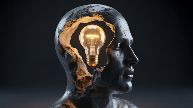 Illuminated light bulb in cracked head showing concept of innovation and brilliant idea.