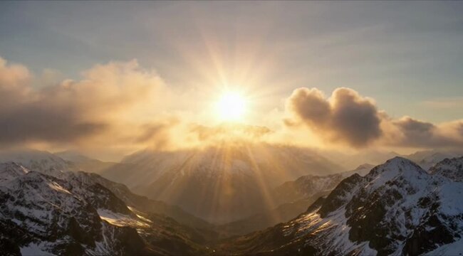 Sunrise over snowy mountains with dramatic clouds sunrise mountains 4K Ai HD high quality video.