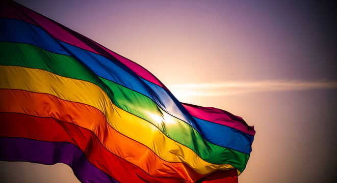 Waving rainbow flag against a gradient sky, symbolizing pride, diversity, and freedom, representing equality and LGBTQ+ rights.
