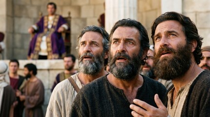 Obraz premium Crowd of men looking up at king Herod in royal robe on throne. Biblical scene from Acts 12 showing people surprised by divine event. Historic drama depicting religious faith and story.
