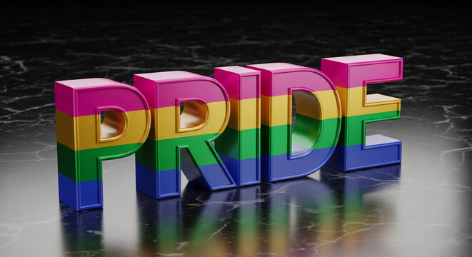 3D rendered word "Pride" with pansexual flag colors on a reflective dark marble surface, symbolizing inclusivity and diversity, perfect for LGBTQ+ campaigns