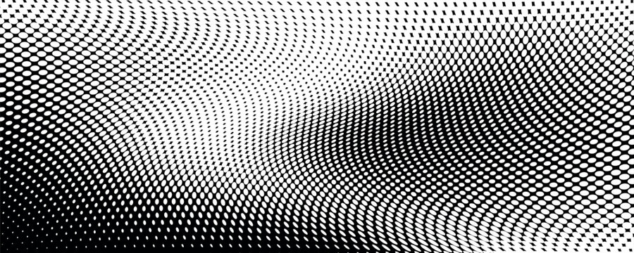 Dotted halftone waves. Abstract liquid shapes, wave effect dotted gradient texture waves isolated vector symbols set. Halftone graphic dots waves. Wave dotted halftone, creative shape abstract