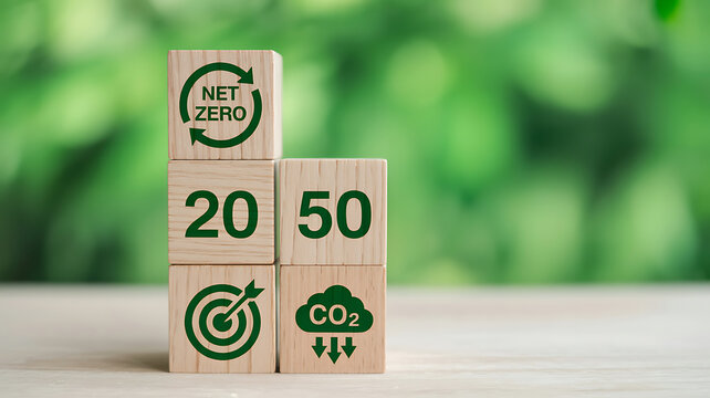 Wooden blocks spelling net zero 2050 goal with target and carbon dioxide symbol for climate action.