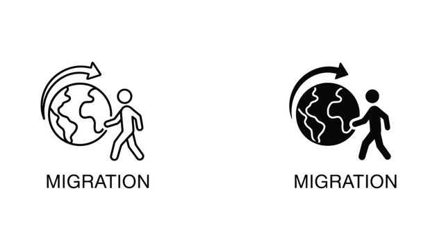 Global human migration concept black outline and solid fill vector icon illustration