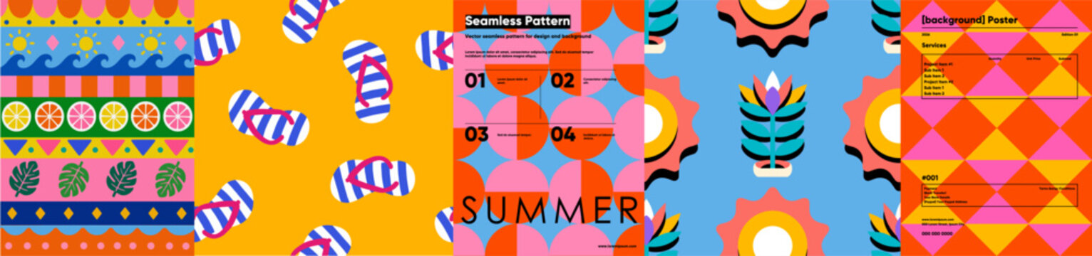 Summer abstract seamless pattern. Vector modern trendy illustration of geometric shapes, sandals, sun, citrus, stripes, ornament and flowers for background, textile, fabric, poster, packaging, templat