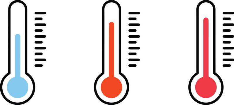 Thermometer icon set, weather and temperature symbols collection, hot and cold climate indicators, temperature scale and weather sign pictogram set, climate control and forecasting vector