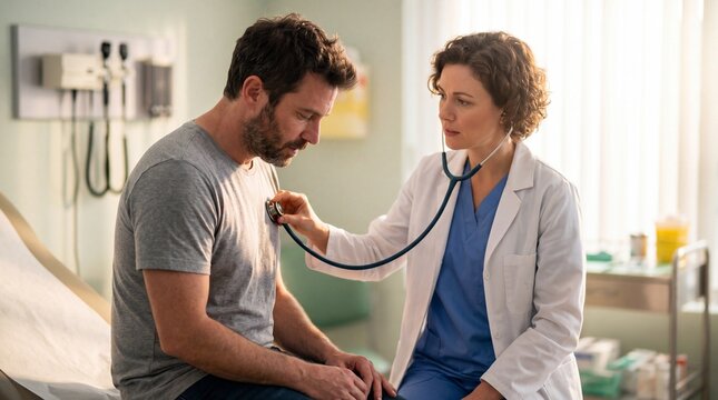 Woman doctor listening to man patients heart with stethoscope in medical clinic. Healthcare diagnosis and patient care concept in primary medicine
